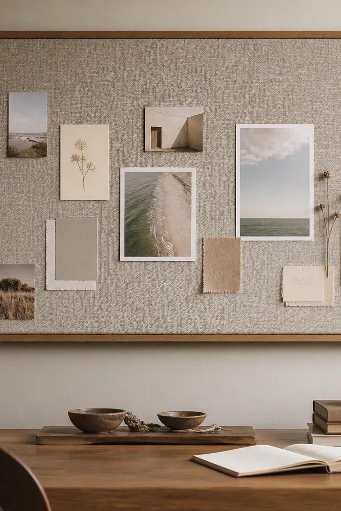 A large rectangular wall piece covered in textured fabric, with a simple wood frame around it. Small pinned notes and photos are visible, but the push pins are mostly hidden in the fabric texture.