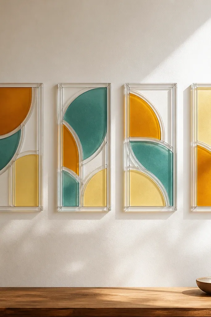 A set of four small wall panels. Each has colorful "glass" shapes made from translucent contact film in amber, teal, and pale yellow, outlined by clear acrylic strips for a stained-glass look.