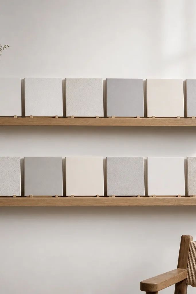 A narrow floating shelf arrangement with two shelves. Each shelf holds a row of small square ceramic tiles in off-white and light gray, separated by tiny spacers.
