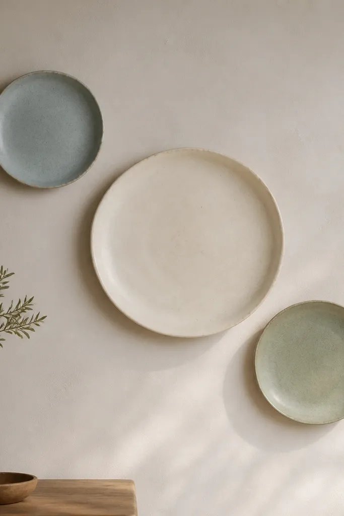 Three ceramic plates mounted on the wall. They form a loose circle, with a large cream plate in the center and two smaller plates in pale blue and muted sage around it.