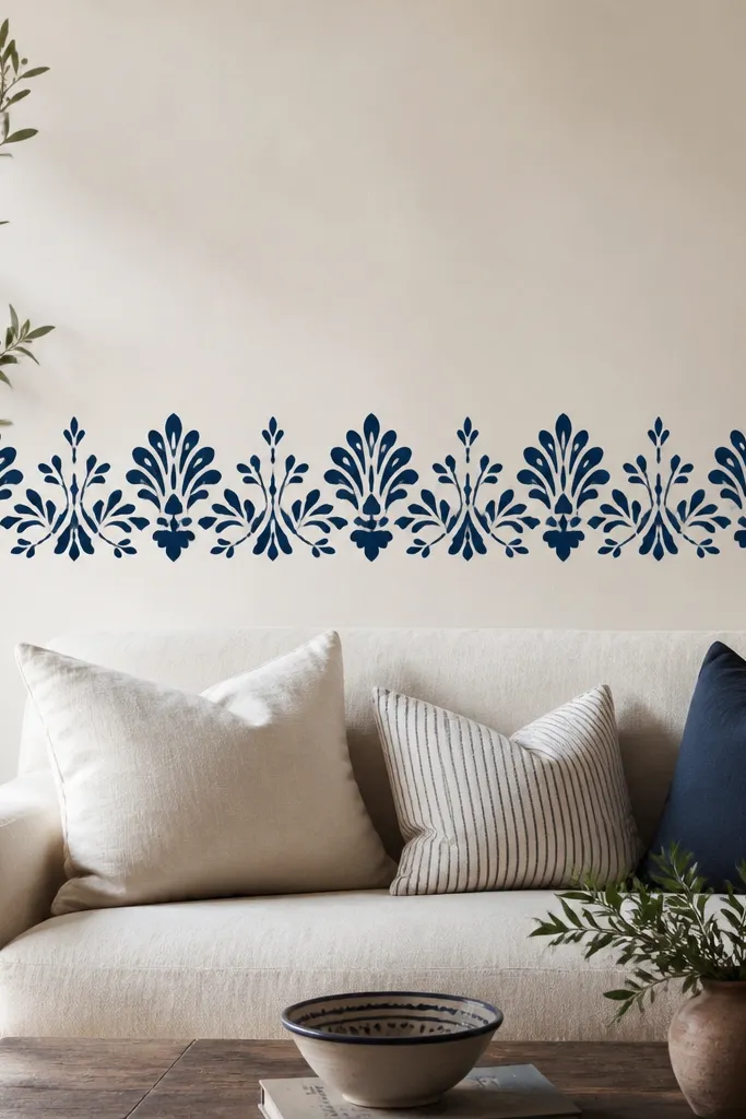 A horizontal band of repeating stencil pattern across the wall behind a sofa. The band is painted in deep navy on a warm white background, with crisp edges and consistent spacing.