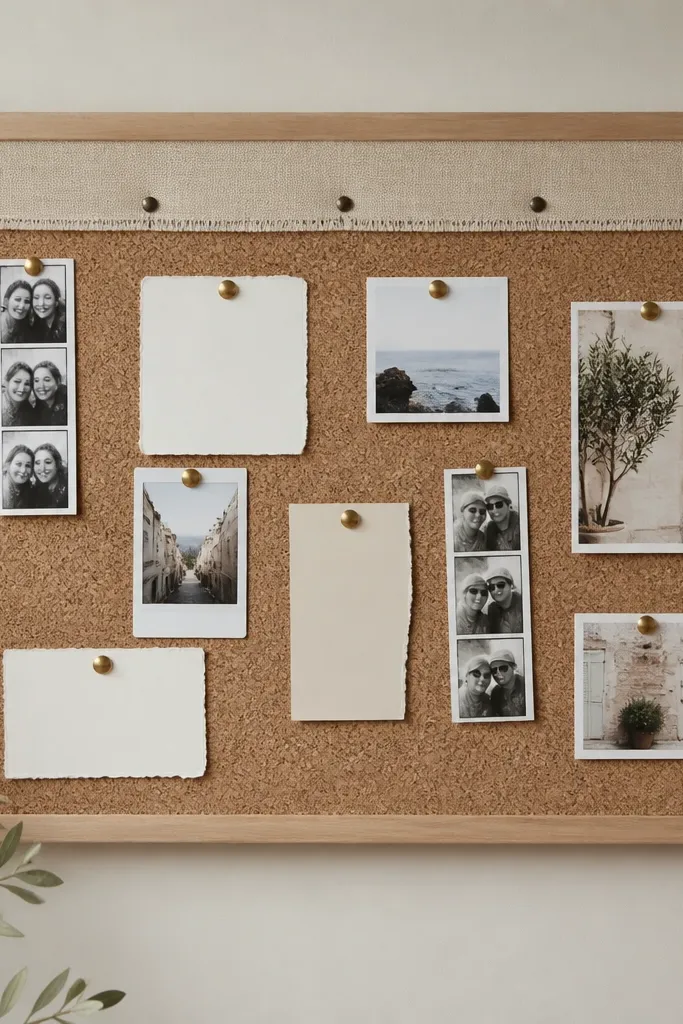 A rectangular corkboard covered in natural cork, framed with light wood. A narrow strip of fabric runs across the top edge, and small cards and photo strips are pinned below.