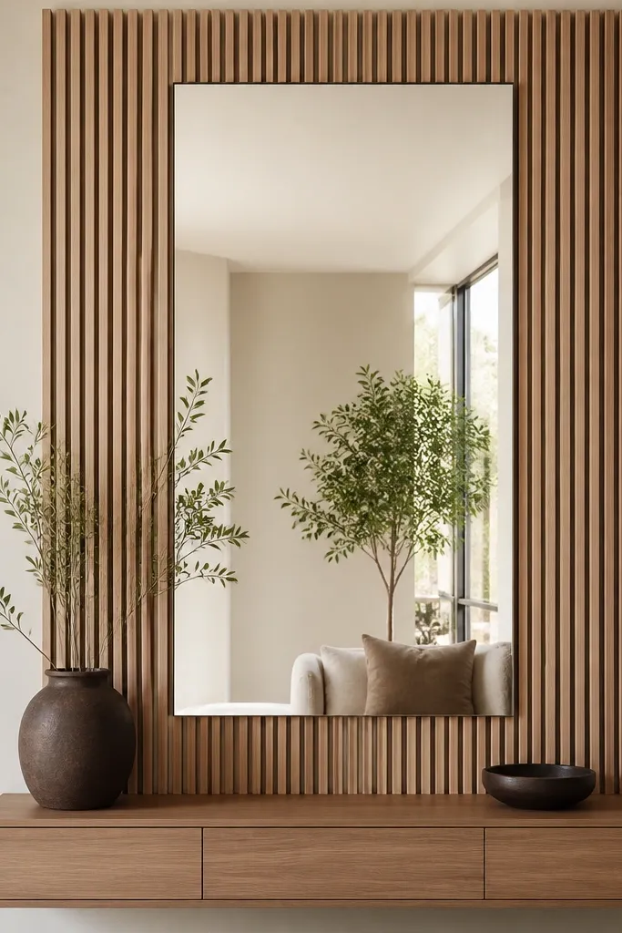 A wall arrangement with a rectangular mirror centered, surrounded by thin vertical wood slats. The slats create a frame effect, and the mirror reflects light from the room.