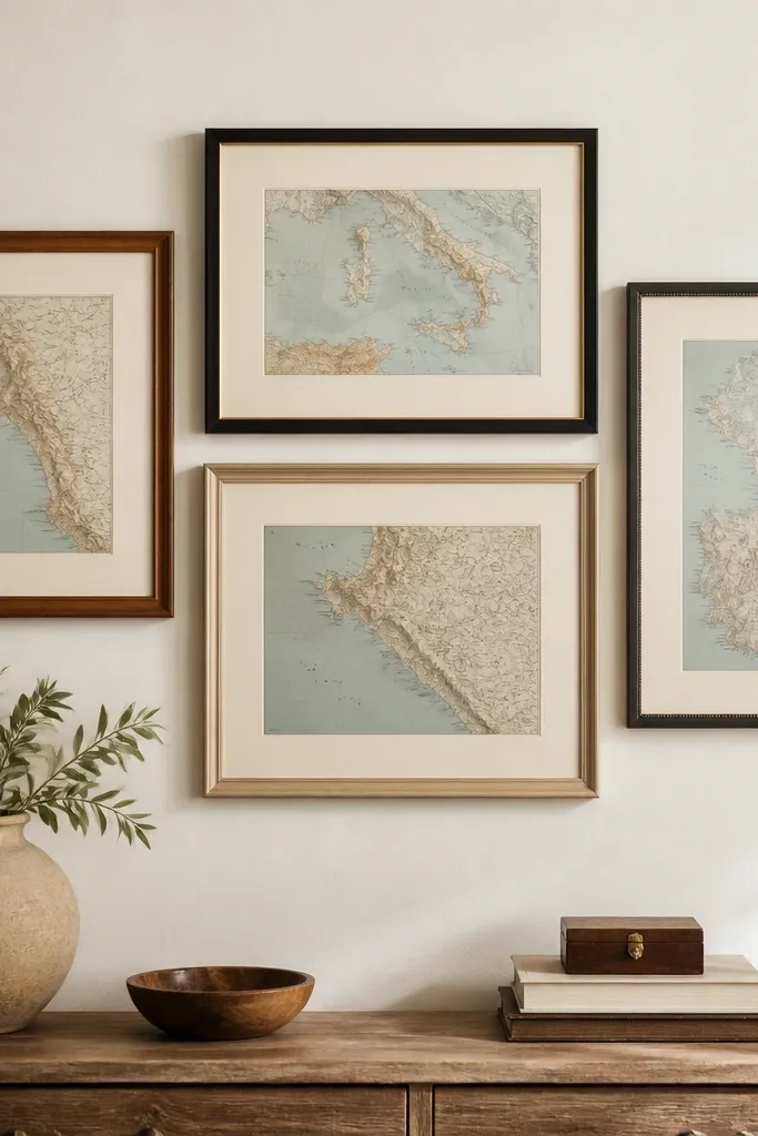 A gallery of three to four map prints. Frames are different styles and colors, but each has the same cream mat border, and the maps show muted blues and browns.