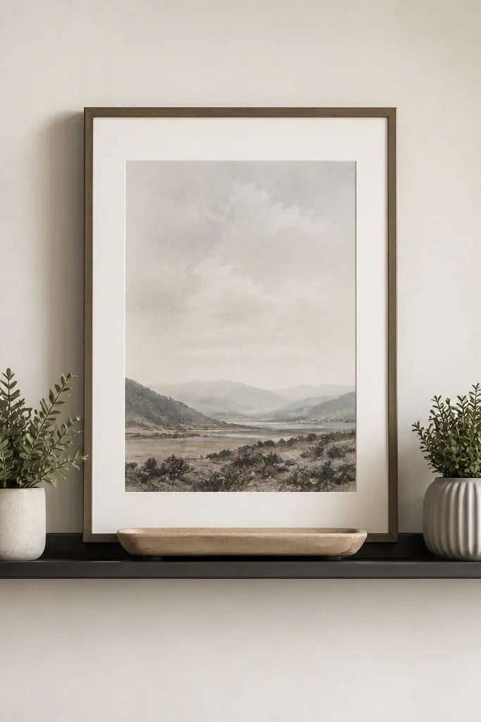 A narrow metal ledge mounted on the wall. On it sits one framed print centered, with two small faux plants on either side and a simple tray at the base.