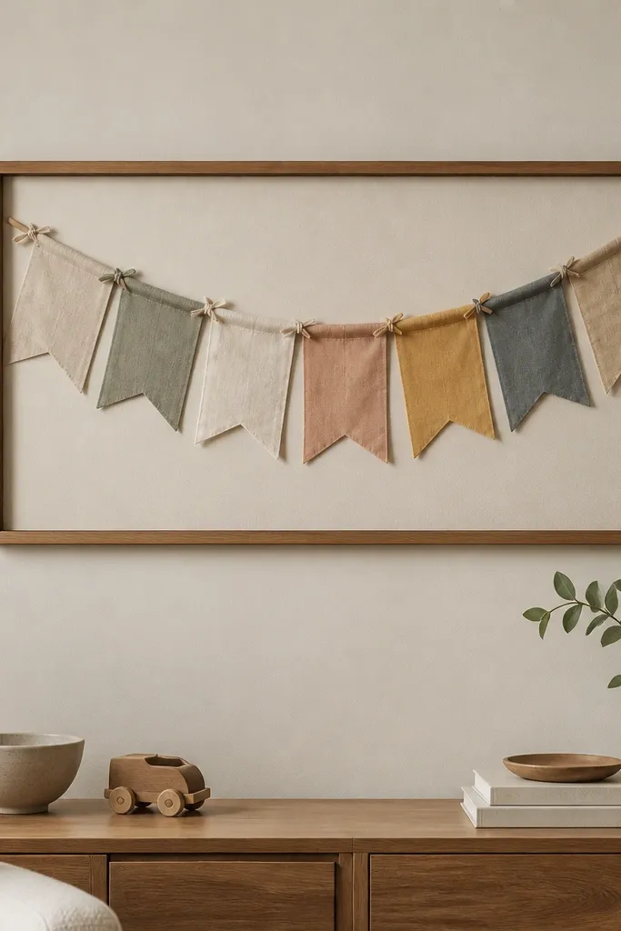 A rectangular frame on the wall holding small fabric pennants. The pennants are tied to a top dowel, and they hang in a soft arc inside the frame.