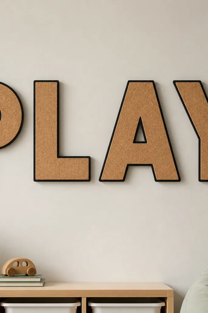 Large cork letters mounted on a wall. The letters are matte tan cork with crisp black vinyl outlines and a clean, modern layout spelling a short word.