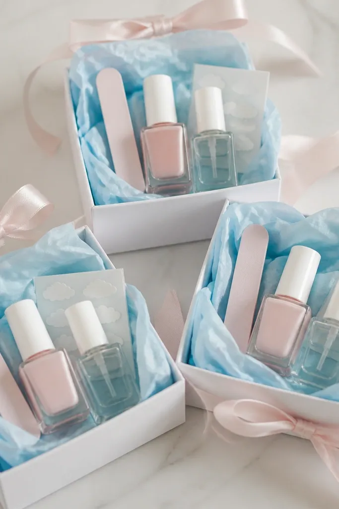 Three small white boxes with pastel blue tissue paper and pale pink ribbon; inside are a mini nail file, a sheer pink polish, a top coat, and a small sheet of cloud nail decals.