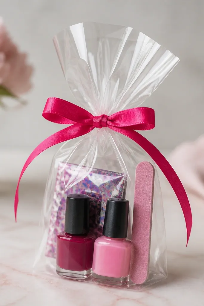 A clear cellophane bag tied with hot pink ribbon; inside are two mini polishes in deep berry and cream pink, plus a small nail foil sheet and a foam file.
