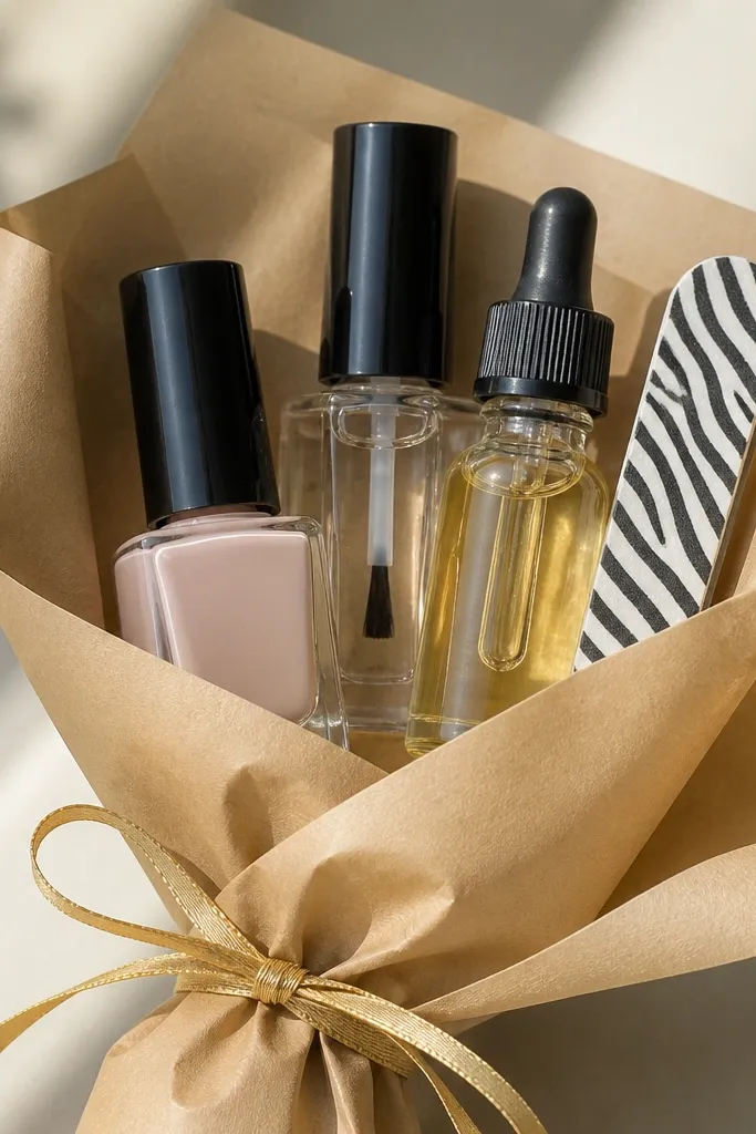 A kraft paper wrap with a thin gold ribbon; inside are a nude sheer polish, a clear glossy top coat, a cuticle oil dropper, and a zebra-pattern mini nail file.