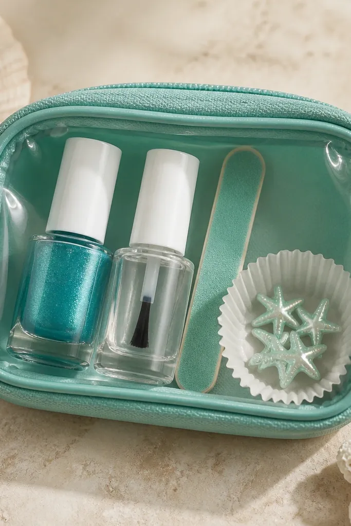 A small reusable pouch in teal with iridescent label stickers; inside are a teal shimmer polish, a clear top coat, a mini nail file, and tiny starfish nail charms in a paper cup.