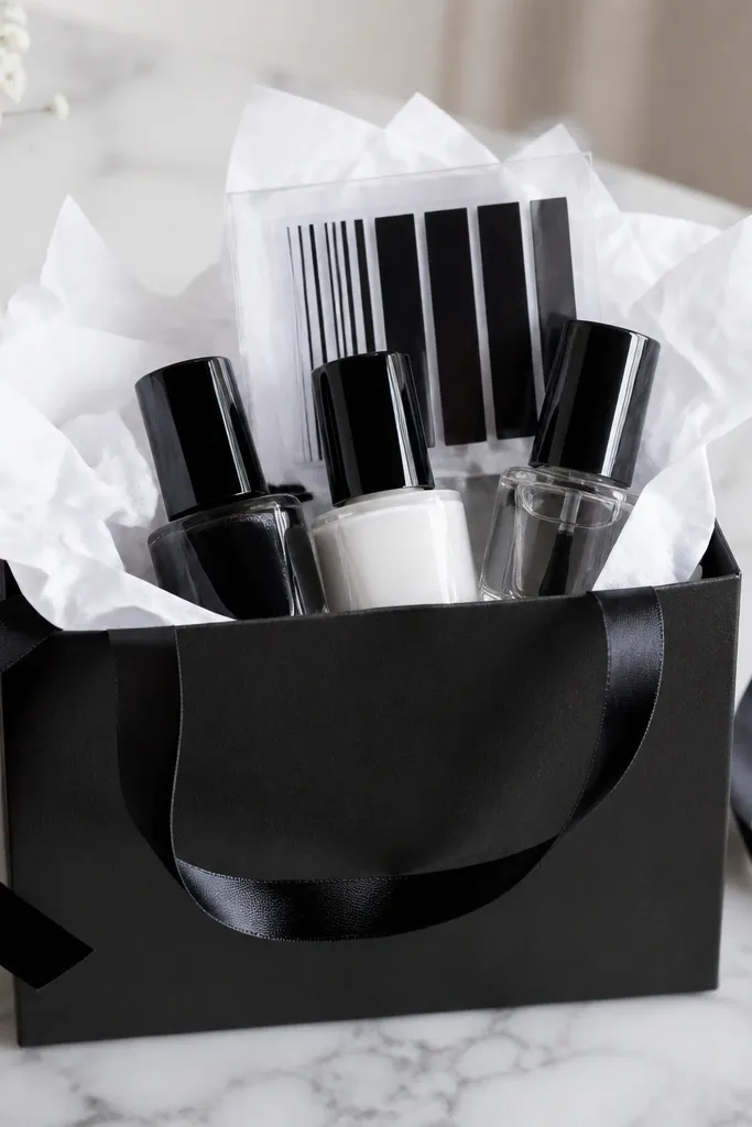 A black paper gift bag with white tissue and a thin black ribbon; inside are mini black polish, white polish, and a glossy top coat, plus nail vinyl stripes.