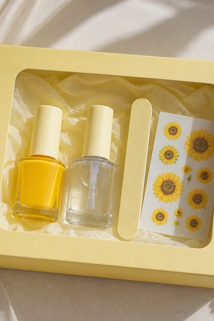 A yellow tissue-lined box with a clear acetate window; inside are a sunflower yellow jelly polish, a clear jelly top coat, a mini file, and sunflower sticker sheets.