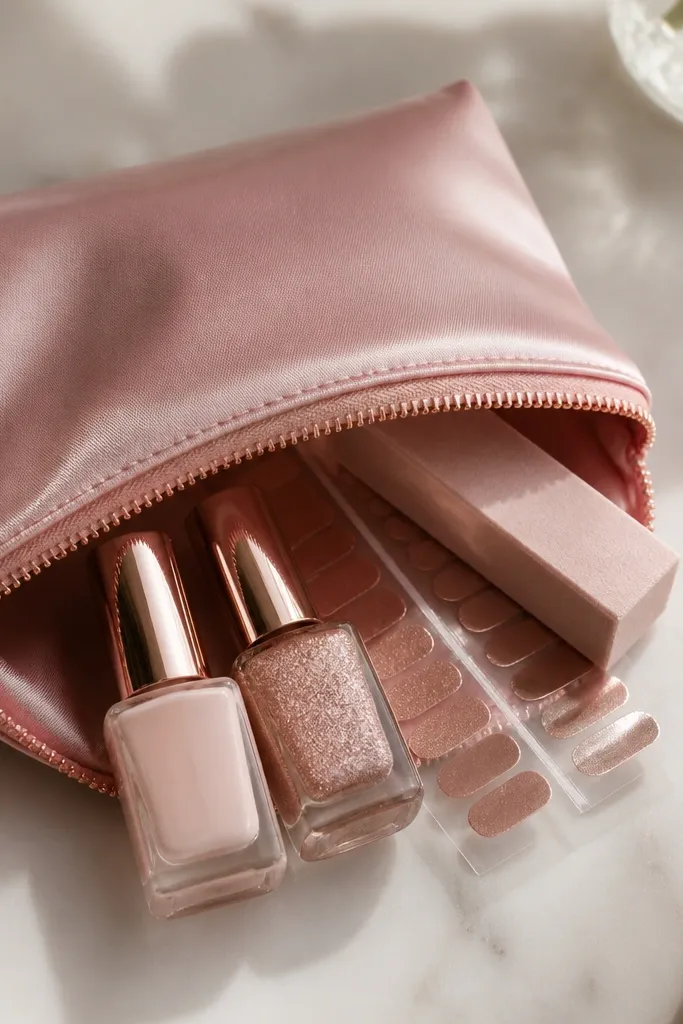 A pink satin pouch with rose gold zipper pull; inside are a sheer blush polish, a rose gold glimmer topper, metallic nail tabs, and a mini buffer.