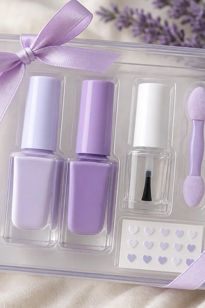 A lavender-themed gift set in a clear box: two lavenders (light and mid), a small sponge applicator, a top coat, and mini nail decals shaped like hearts.