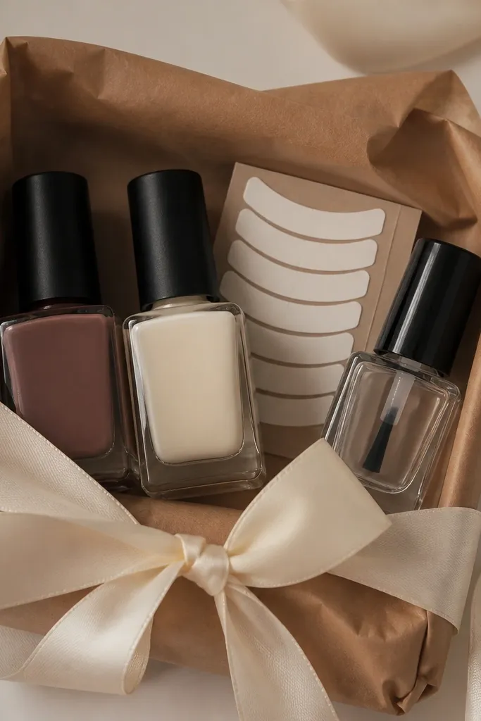 A brown paper-wrapped gift with cream ribbon; inside are a chocolate brown polish, a cream polish, French tip guides, and a glossy top coat.