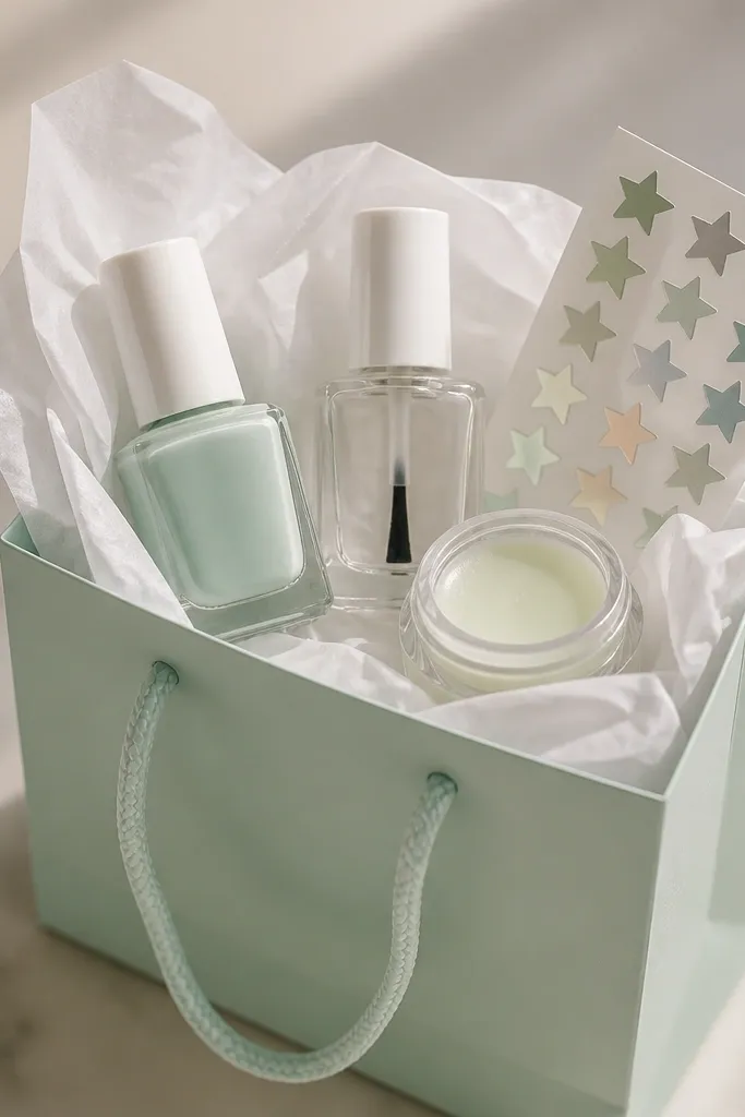 A mint green gift bag with white tissue; inside are mint polish, clear top coat, cuticle balm in a small jar, and star stickers.