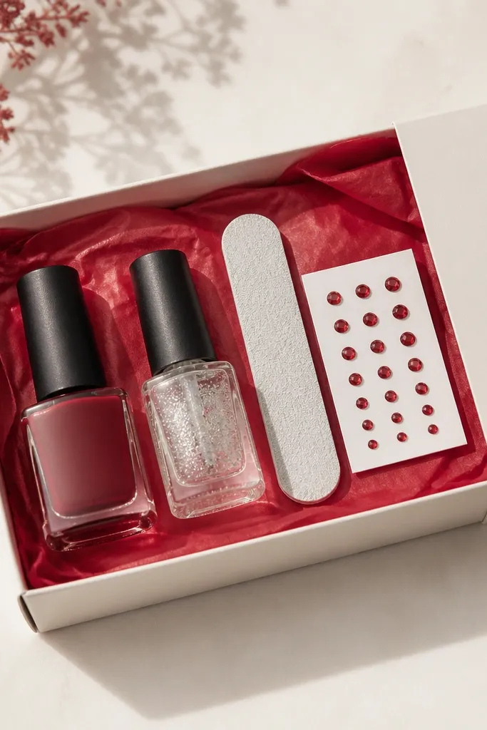 A slim sleeve gift with red tissue; inside are a garnet red polish, a clear glitter top coat, a nail file, and a small sheet of red rhinestone decals.