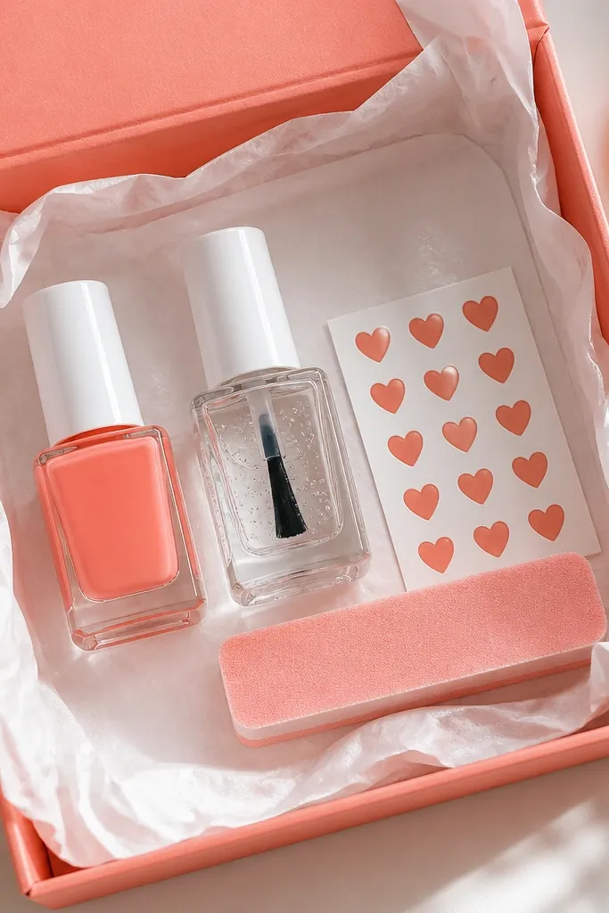 A coral pink box with white tissue; inside are coral polish, a clear top coat, heart vinyl stickers, and a small foam nail buffer.