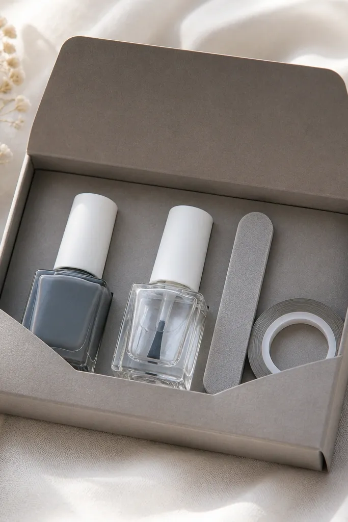 A gray kraft envelope-style box with matte white labels; inside are a soft gray polish, a clear top coat, a mini file, and a strip of thin nail art tape.