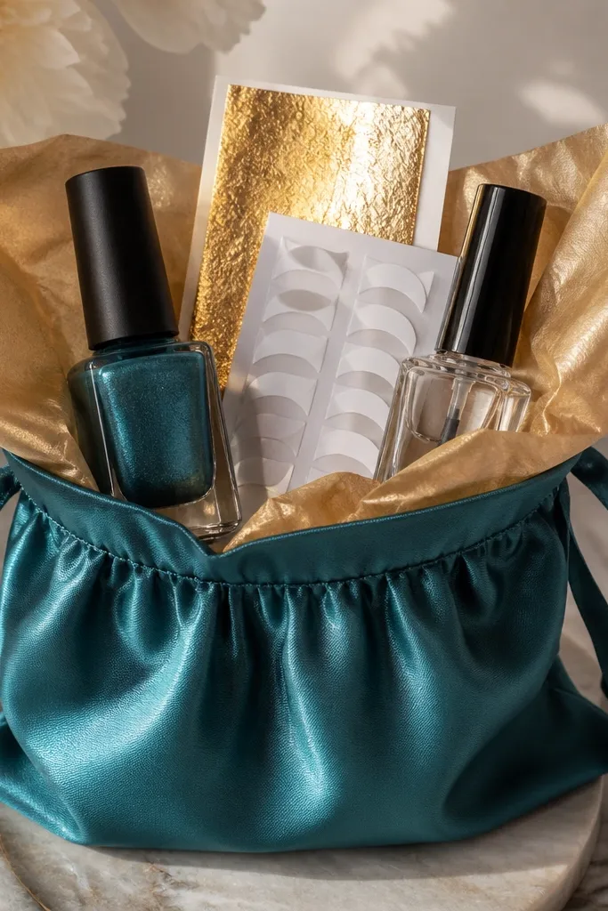 A teal gift pouch with gold tissue; inside are teal shimmer polish, a gold foil sheet, short French tip guides, and a glossy top coat.