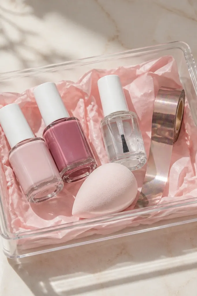 A clear organizer tray with pink tissue; inside are two pink polishes (light and rose), a small makeup sponge, a top coat, and a strip of nail foil tape.