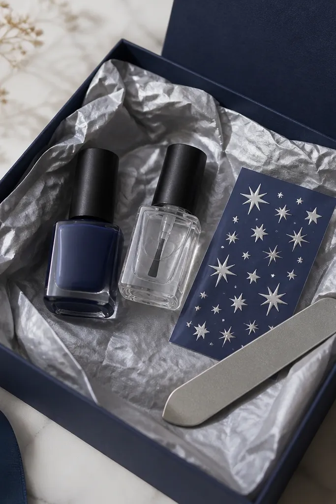A navy gift box with silver tissue; inside are indigo polish, a clear deep-gloss top coat, star nail decals, and a metal-free nail file.