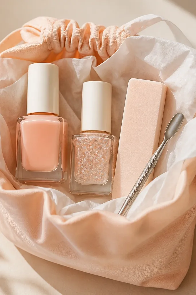 A peach-colored gift pouch with white tissue; inside are peach cream polish, a micro-glitter topper, a soft buffer, and a tiny cuticle pusher.