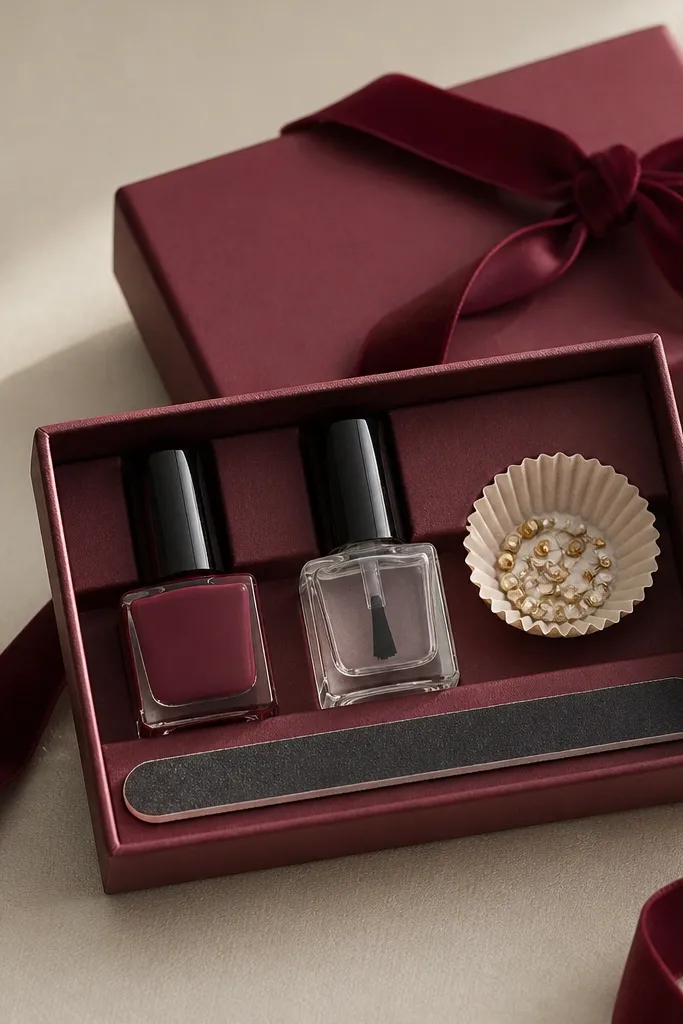 A small burgundy box wrapped in velvet-feel ribbon; inside are burgundy polish, clear top coat, nail studs in a paper cup, and a foam file.
