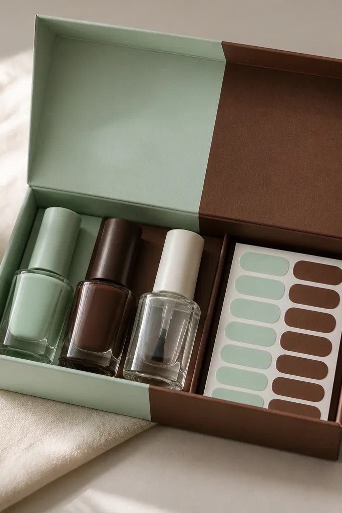 A mint-green and chocolate-brown two-tone gift box; inside are a mint polish, a chocolate-brown polish, a top coat, and label stickers split down the middle.