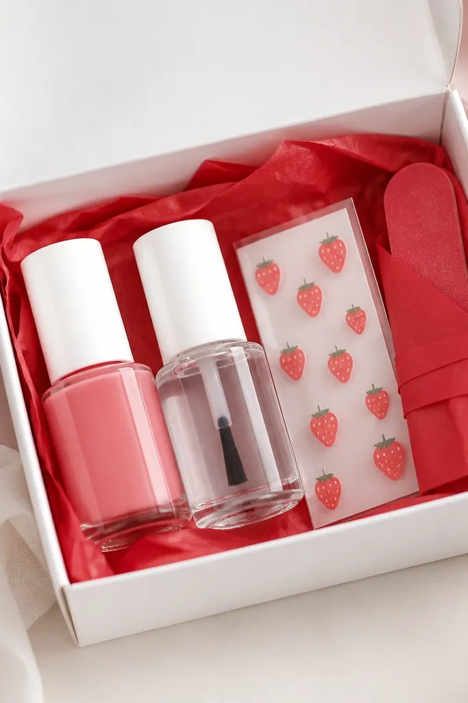 A white box with red tissue; inside are a strawberry pink polish, a clear glossy top coat, strawberry-shaped nail decals, and a mini nail file wrapped in red paper.