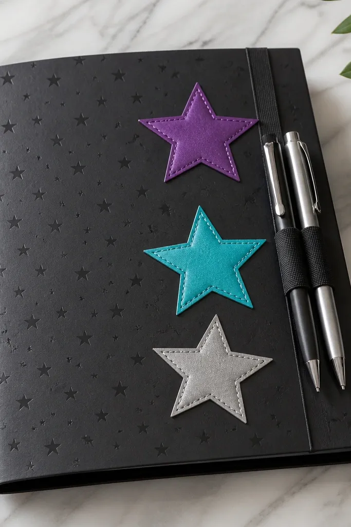 A black pocket folder made from thick cardstock wrapped in matte star-pattern paper, with three stitched-looking star labels (purple, cyan, and silver) and a small elastic band holding two pens.