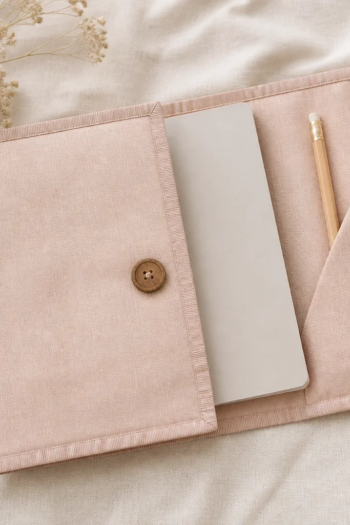 A slim notebook sleeve in soft blush fabric with a stitched ribbon border, a single wooden button on the front, and a folded pocket on the inside holding a pencil.