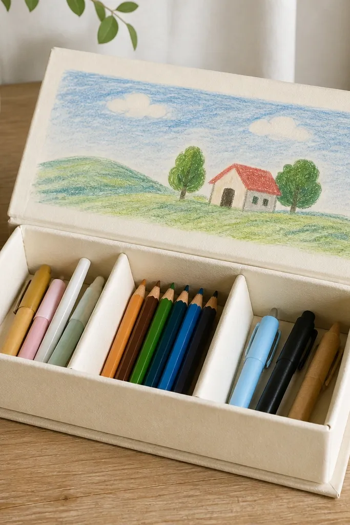 A small rectangular organizer with a hinged lid made from a recycled cardboard box, painted cream, with a crayon illustration on top and three interior pen holders made from folded paper tubes.