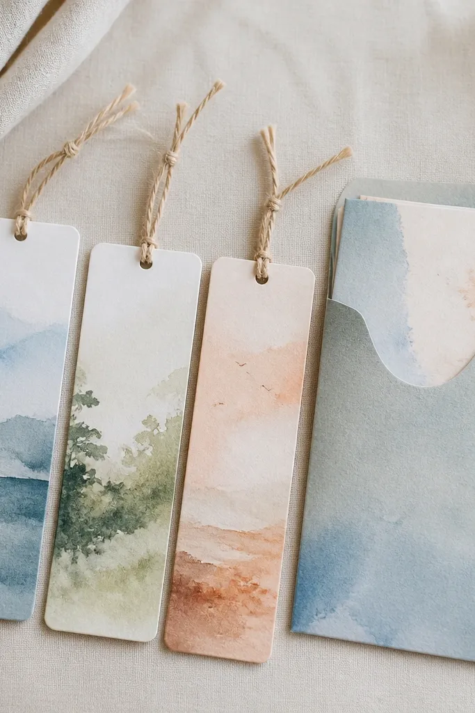 A set of three watercolor-wash bookmarks in soft blues, greens, and peach, each tied with thin twine, with a small stack of mini note cards tucked into a matching envelope sleeve.