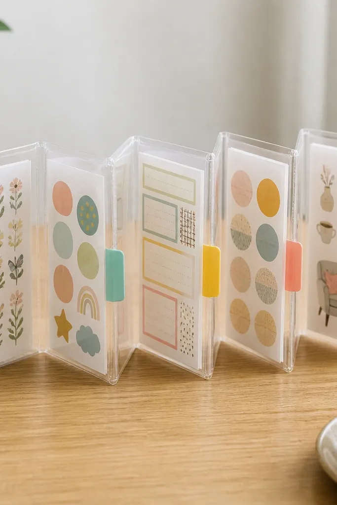 A clear plastic accordion sleeve with five folds, each panel holding a sticker sheet or prompt card, with colorful tab labels on the edges.