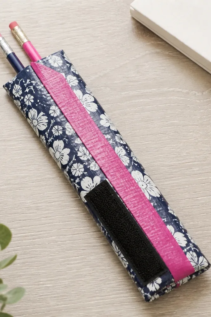 A pencil wrap made from patterned duct tape, folded around two pencils, with a contrasting spine stripe and a Velcro closure strip on the outside.