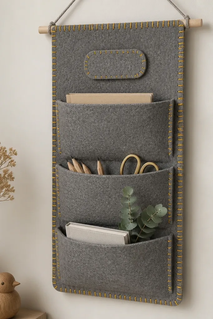 A wall-hanging felt organizer with three pockets, stitched edges, and a felt name tag centered at the top, in gray with bright yellow stitching.
