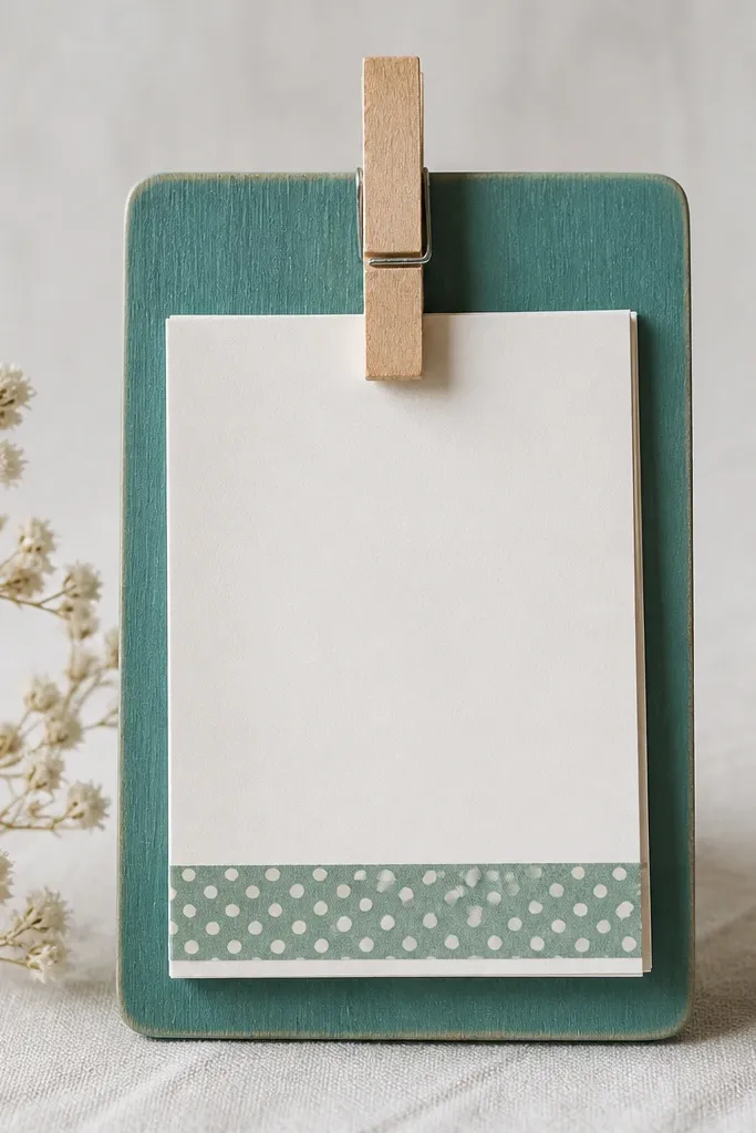 A small wooden clipboard painted teal with a clothespin clipped at the top, holding a stack of memo sheets, and a strip of washi tape as a border.