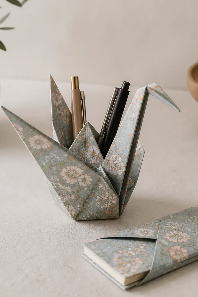 A paper crane folded from patterned origami paper sitting upright as a pen holder, with a small matching notebook tucked beside it in a paper sleeve.