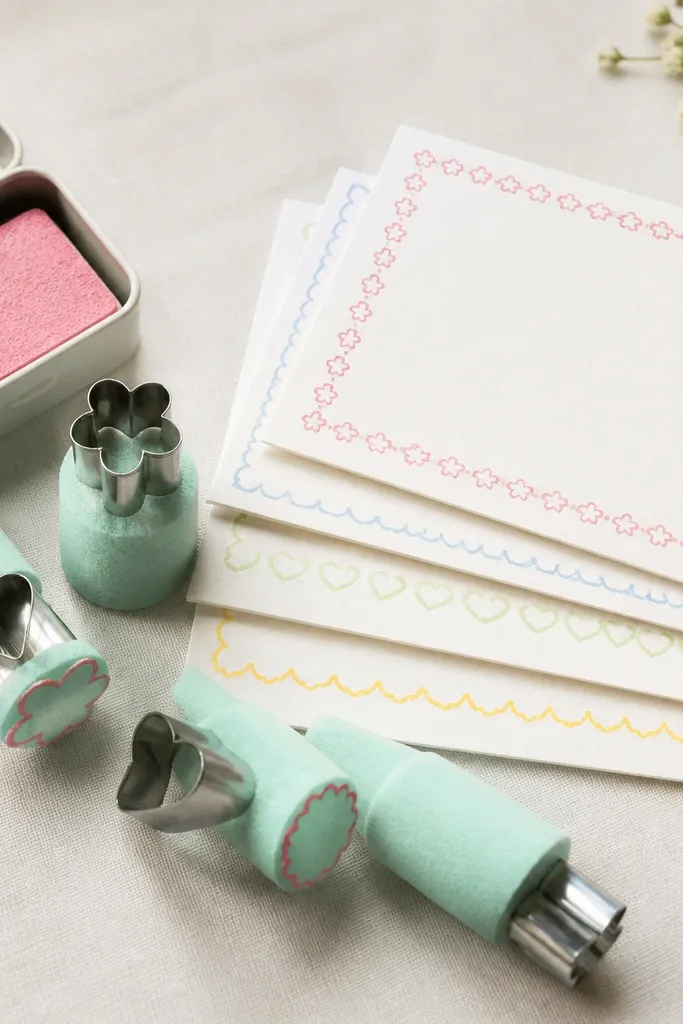 A small handmade stamp set made from cookie cutters attached to foam handles, with a tiny ink pad box and a stack of note cards with stamped borders in pastel colors.
