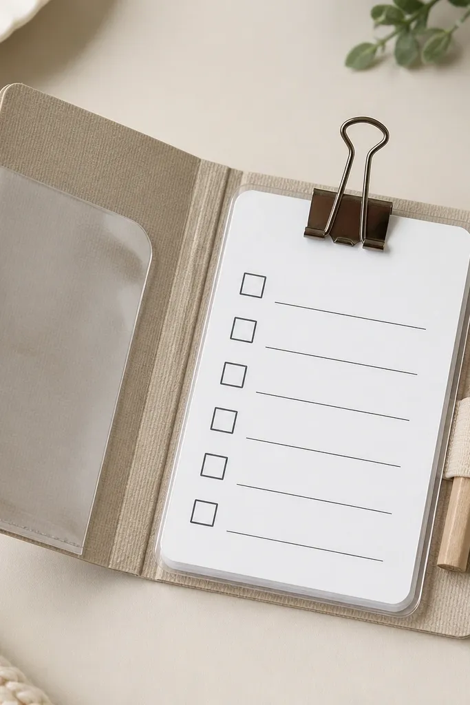 A mini binder clip folder made from cardstock with a clear laminate sleeve, holding laminated checklist sheets with bold checkboxes and a small pencil loop.