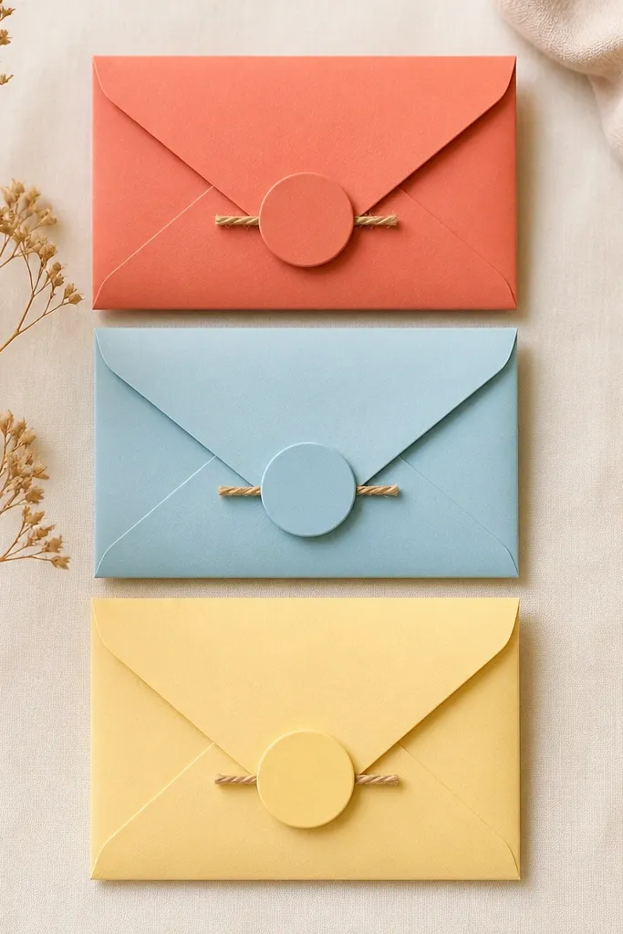 Three small envelopes in stacked color blocks (coral, sky blue, butter yellow) with round sticker seals on each flap and a tiny strip of twine.