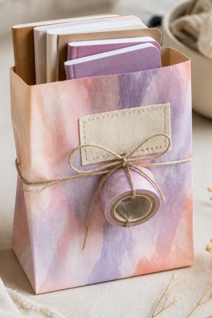 A small paper bag dyed with pastel swirls, stuffed with mini notebooks, with a washi roll tied around the outside using string and a stitched label on top.
