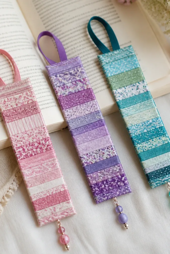 Three bookmarks made from layered fabric strips with elastic loops, each with a small bead charm at the bottom, in pink, purple, and teal.