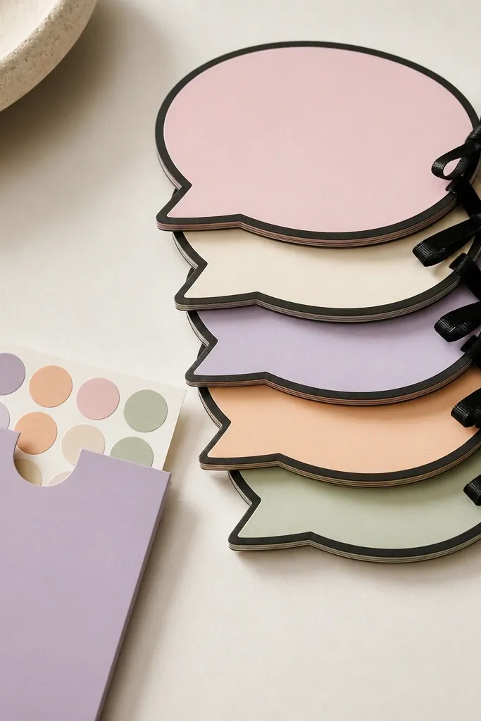 A stack of speech-bubble notepads with bold black outlines, each pad tied with black ribbon, and a small sticker sheet tucked into a matching sleeve.