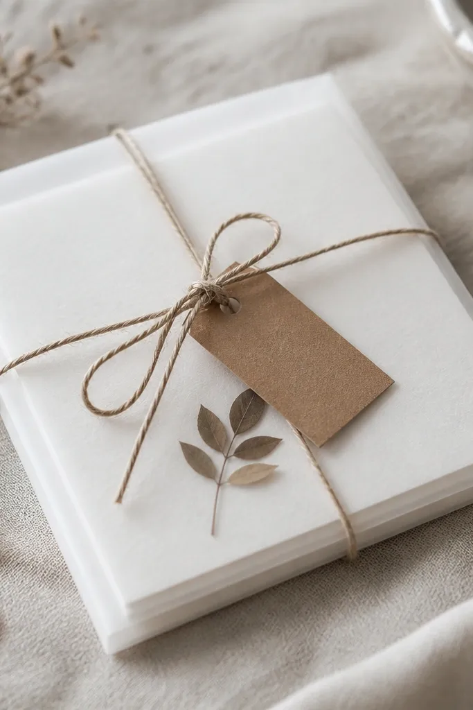 A glassine sleeve containing a set of note cards with tiny pressed leaf pieces on top, with a kraft label and twine tie.