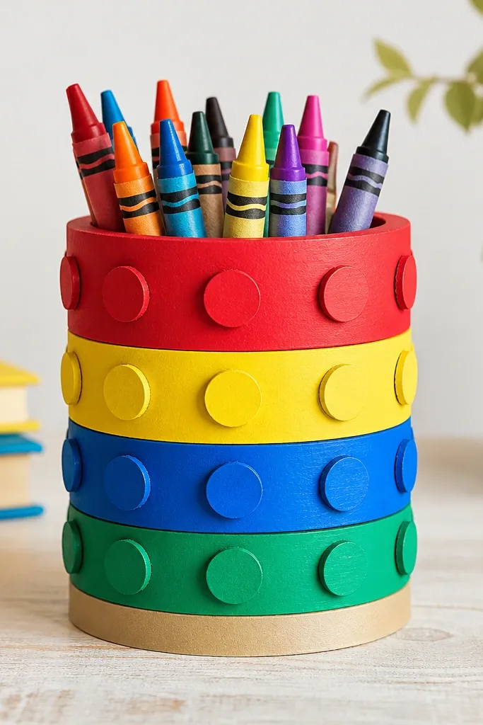 A cylindrical crayon holder made from stacked cardboard circles with raised stud-like dots, painted primary colors, with a narrow label strip wrapped around the base.