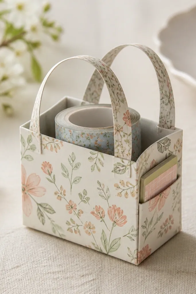 A small tote-shaped holder made from patterned paper with two handles, holding a washi roll, and a hidden side pocket with mini sticky notes peeking out.