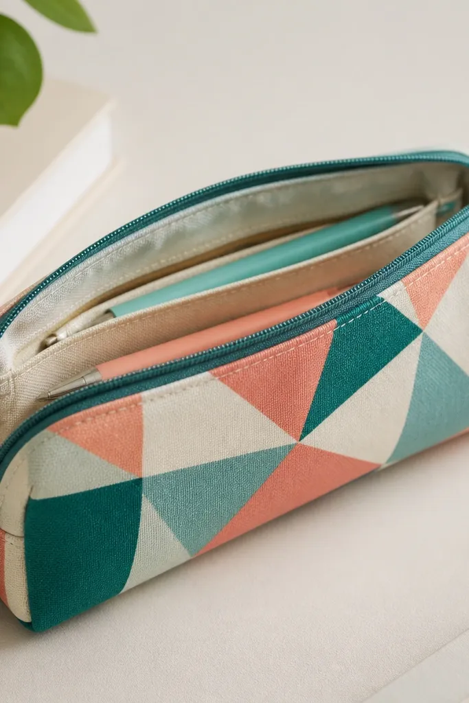 A small zippered pencil case with geometric shapes in teal, coral, and cream, and two interior compartments visible through a partially open lining.